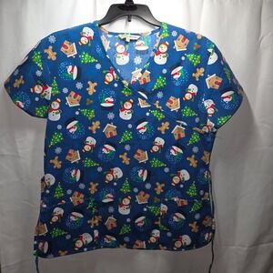Gabby Brooke Holiday Scrub Top Snowmen Gingerbread Short Men Sleeve Large